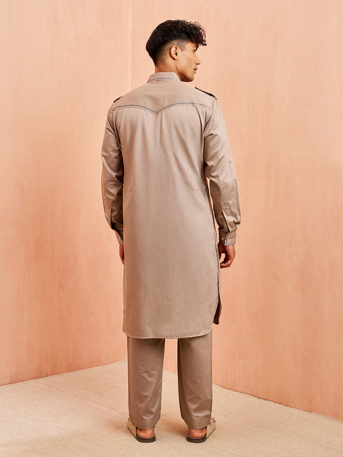 Men's Grey Fine Satin Kurta Pyjama Set Shirt Collar Button Placket